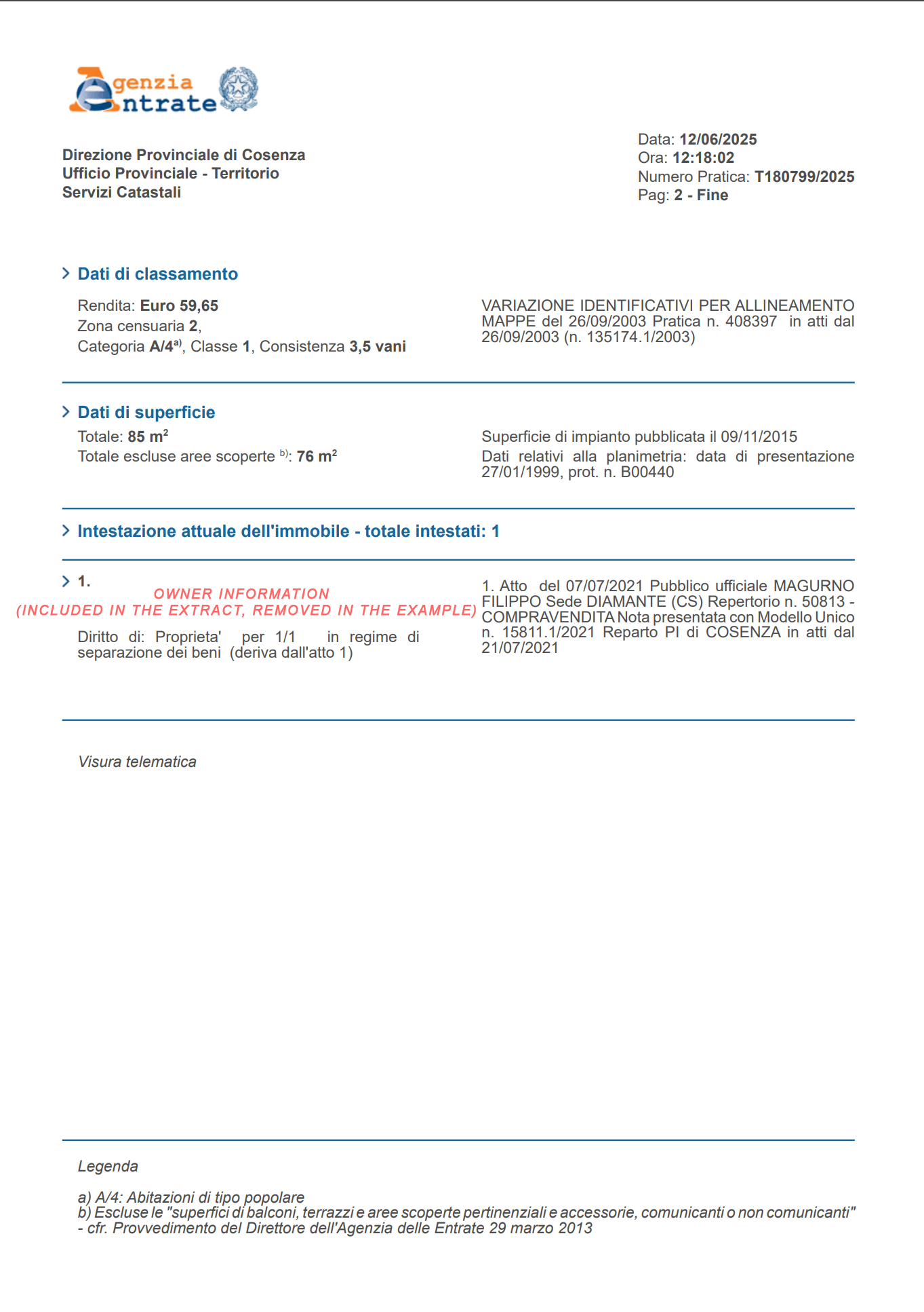 Italienischer Katasterauszug (Grundbuch) Beispiel 2